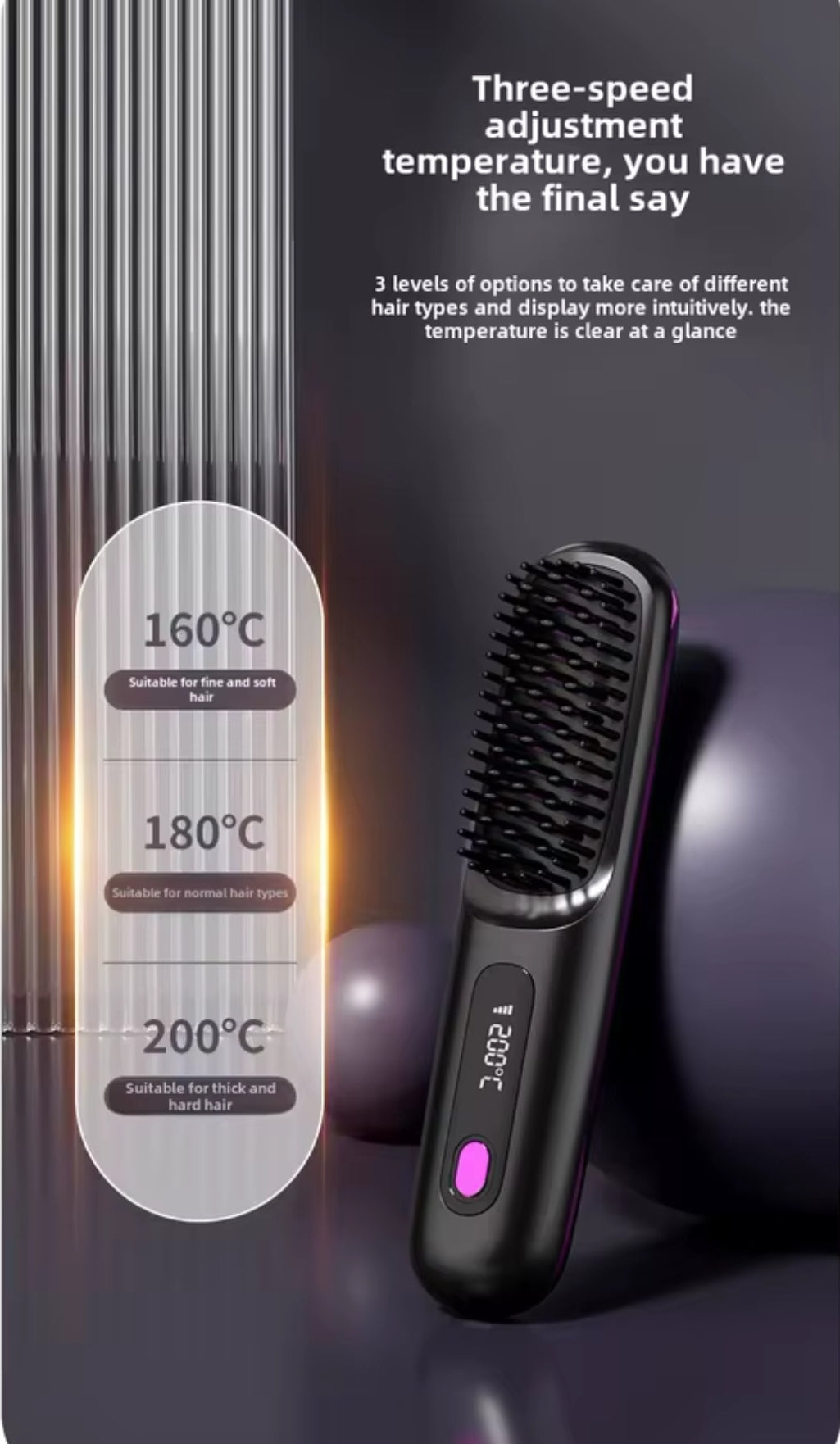 Cordless Hair Straightener Brush- brosse lisseur with 3 Setting LED Temperature 160-200C°