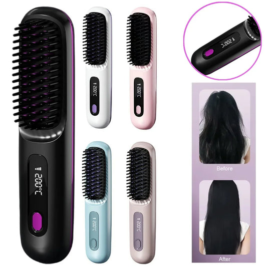 Cordless Hair Straightener Brush- brosse lisseur with 3 Setting LED Temperature 160-200C°