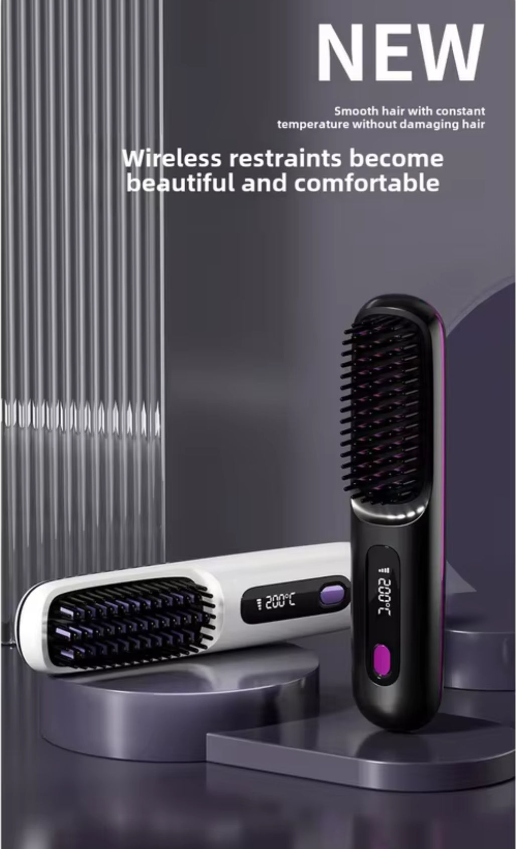 Cordless Hair Straightener Brush- brosse lisseur with 3 Setting LED Temperature 160-200C°