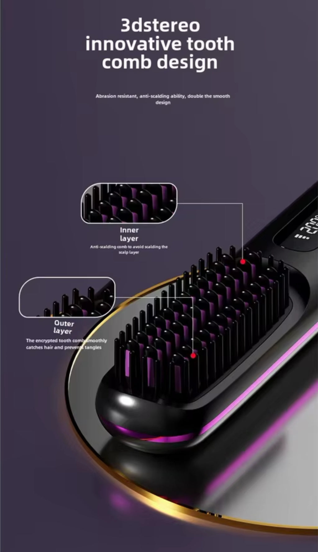 Cordless Hair Straightener Brush- brosse lisseur with 3 Setting LED Temperature 160-200C°